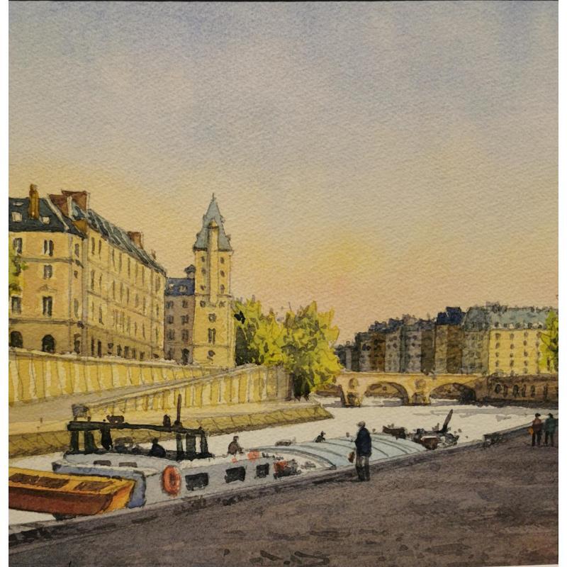 Painting Paris, quai de Seine et péniche à quai by Decoudun Jean charles | Painting Figurative Watercolor Landscapes, Life style, Urban