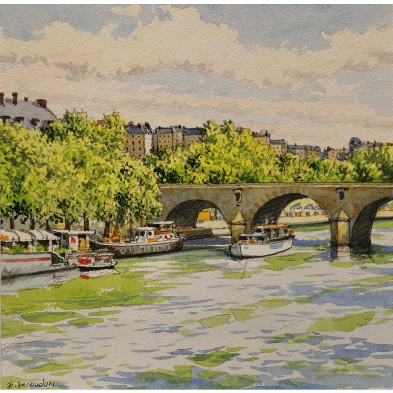 Gemälde Paris, le pont Saint-Michel et Notre-Dame von Decoudun Jean charles | Gemälde Figurativ Aquarell