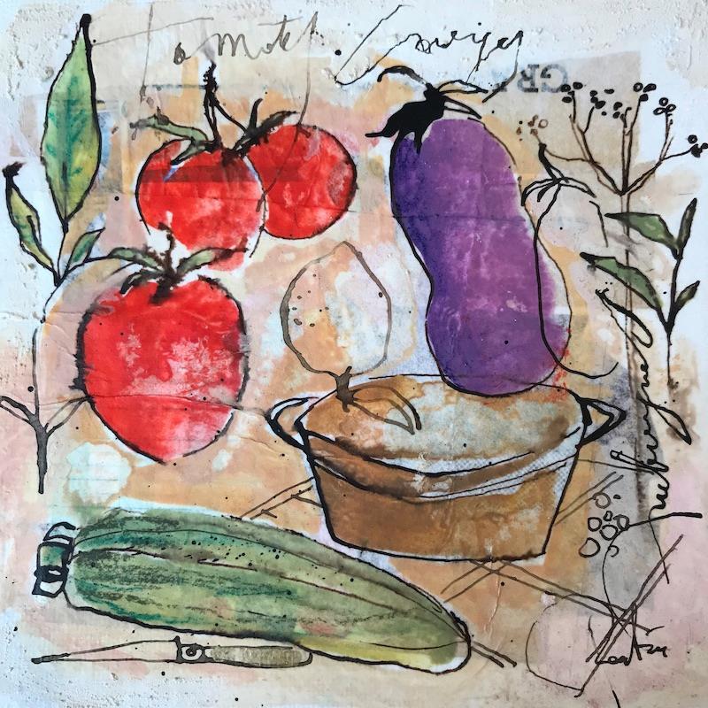 Painting Tomates et aubergines by Colombo Cécile | Painting Figurative Acrylic, Pastel still-life