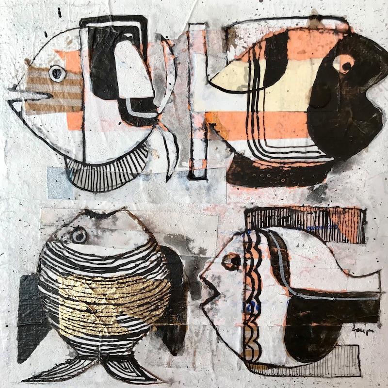 Painting poissons en or et blanc by Colombo Cécile | Painting Figurative Acrylic, Pastel Animals, Pop icons