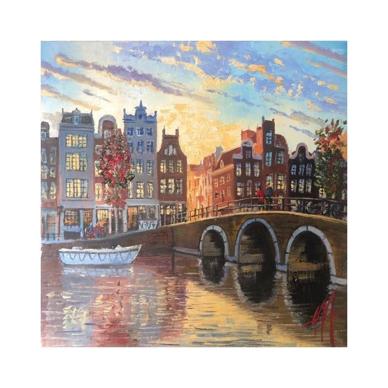 Painting Amsterdam, herengracht evening light by De Jong Marcel | Painting Figurative Oil Landscapes Urban