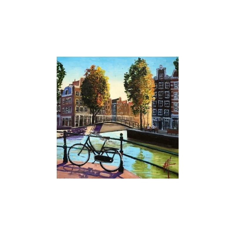 Painting Amsterdam, brouwersgracht. Pedal your blues away... by De Jong Marcel | Painting Figurative Oil Landscapes Urban