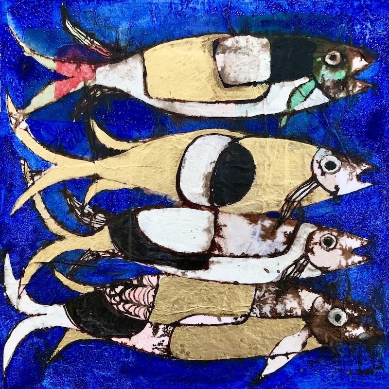 Gemälde Les sardines outremer von Colombo Cécile | Gemälde Figurativ Acryl Pastell