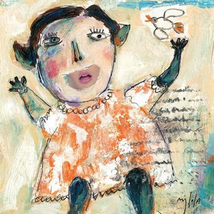 Peinture La petite fille et l'oiseau par De Sousa Miguel | Tableau Art Singulier Mixte scènes de vie