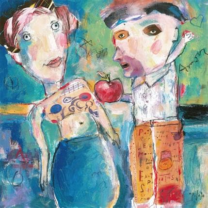 Peinture Veux-tu une pomme ? par De Sousa Miguel | Tableau Art Singulier Mixte scènes de vie