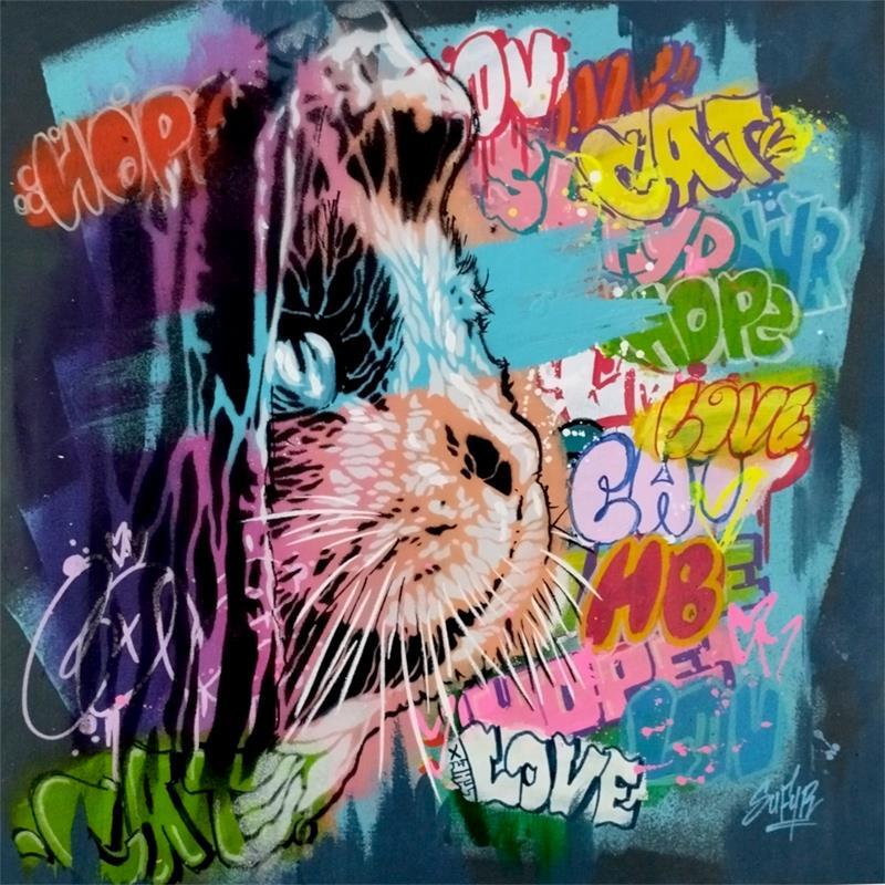 Painting Le Chat Graffiti by Sufyr | Painting Street art Animals Graffiti Mixed Acrylic