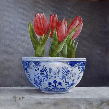 Painting Four Tulips on a Delft Bowl by Gouveia Magaly  | Painting Figurative Oil still-life