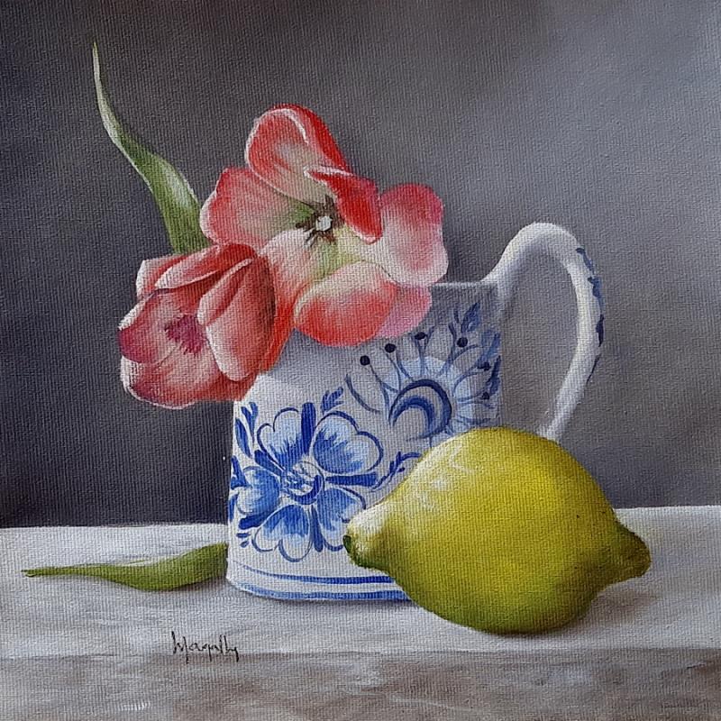 Painting Tulips, Lemon and Delft Jar by Gouveia Magaly  | Painting Figurative Oil still-life
