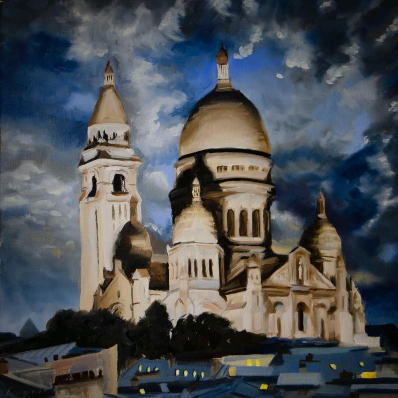 Peinture Sacré Coeur by Night par Eugène Romain | Tableau Figuratif Paysages Urbain Huile
