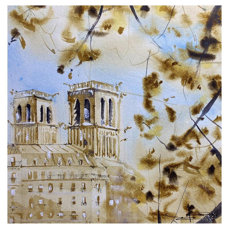 Painting Automne à Notre Dame by Bailly Kévin  | Painting Figurative Watercolor Urban