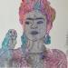 Painting Frida et son perroquet by Schroeder Virginie | Painting Pop art Oil Acrylic Pop icons
