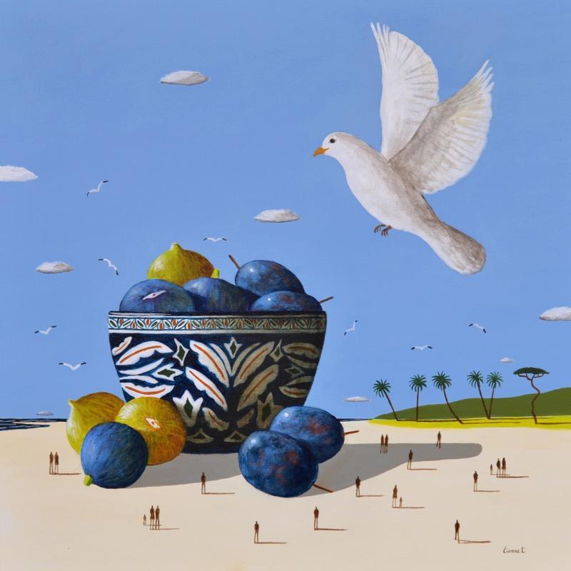Gemälde Colombe sur la plage von Lionnet Pascal | Gemälde Surrealismus Acryl Marine, Stillleben, Tiere