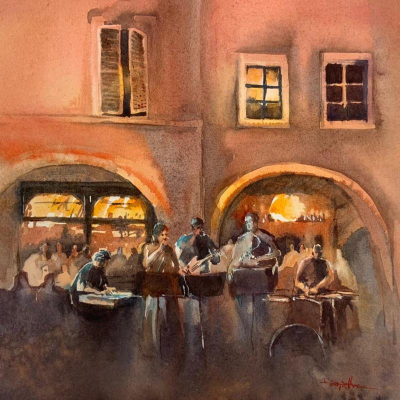 Painting Nocturne musicale by Seruch Capouillez Isabelle | Painting Figurative Watercolor Urban