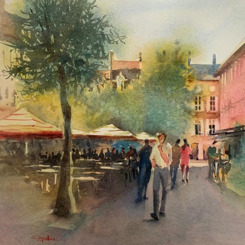 Painting J’arrive by Seruch Capouillez Isabelle | Painting Figurative Urban Watercolor