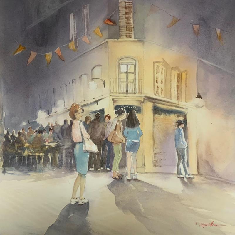 Painting On attend qui ? by Seruch Capouillez Isabelle | Painting Figurative Watercolor Urban