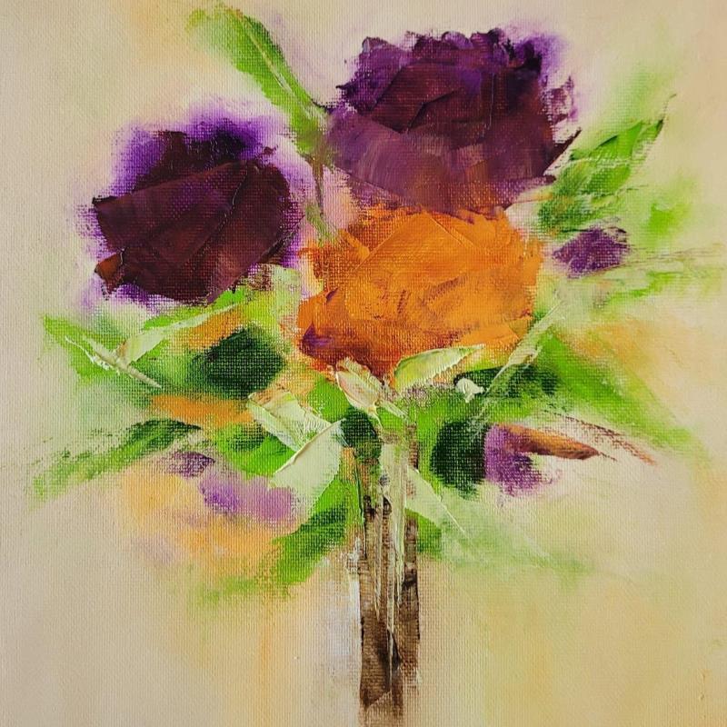 Peinture Bouquet Violet Orange par Chebrou de Lespinats Nadine | Tableau Abstrait Scènes de vie Natures mortes Huile