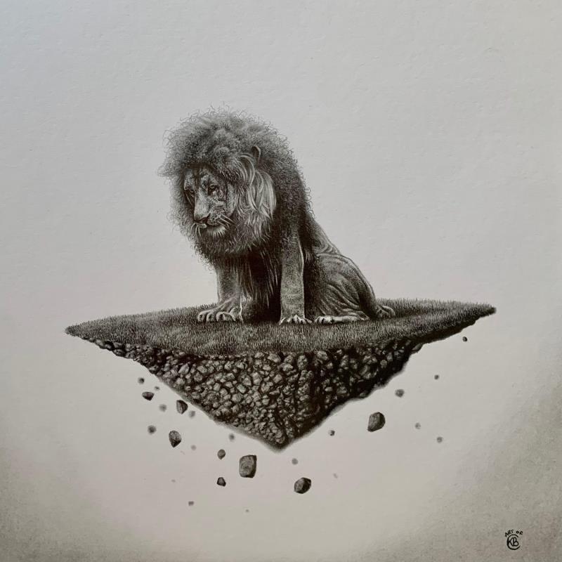 Gemälde Lion von Benchebra Karim | Gemälde Figurativ Zeichenkohle Pop-Ikonen, Schwarz & Weiß, Tiere
