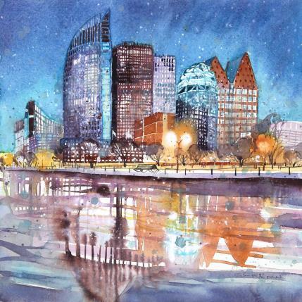Painting NO. 22123  THE HAGUE  SKYLINE BLUE HOUR by Thurnherr Edith | Painting Figurative Watercolor Urban