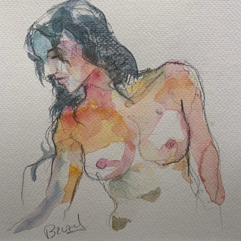 Painting Alice yeux fermés by Brunel Sébastien | Painting Figurative Nude Watercolor