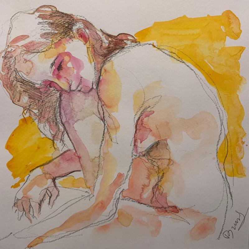 Painting Alice visage sur le genou by Brunel Sébastien | Painting Figurative Watercolor Nude
