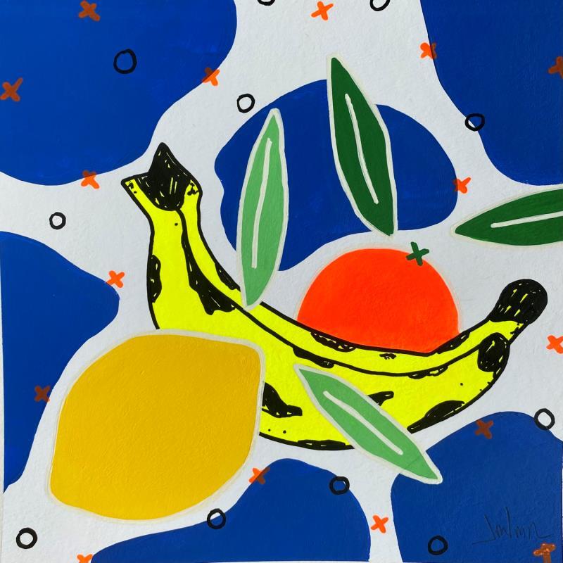 Gemälde Yellow Lemon and a Yellow Banana over Blue von JuLIaN | Gemälde Pop-Art Acryl Stillleben