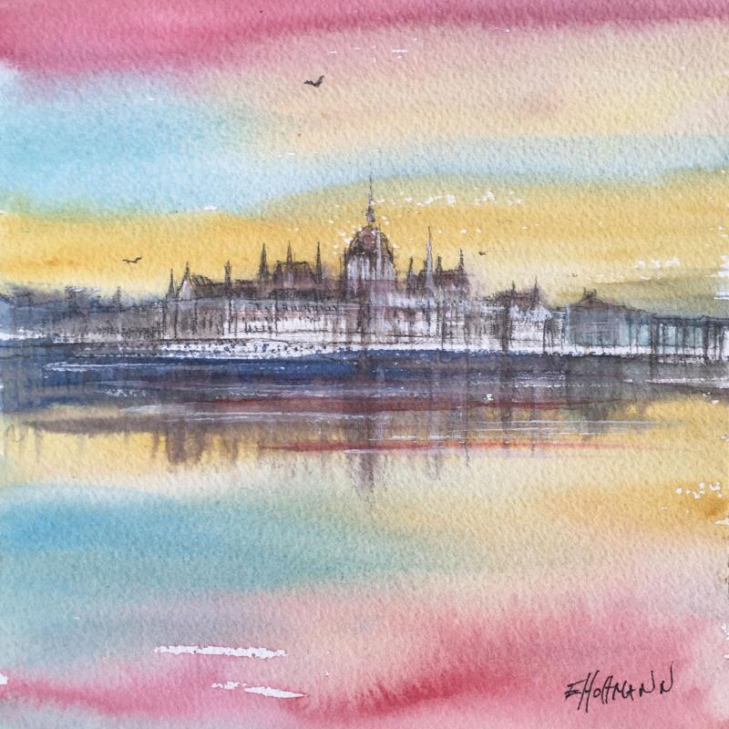 Peinture Budapest Parlement de Hongrie par Hoffmann Elisabeth | Tableau Figuratif Urbain Aquarelle