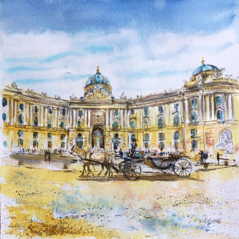 Peinture Vienne Calèche devant le Palais de Sissi Hofburg par Hoffmann Elisabeth | Tableau Figuratif Aquarelle Urbain