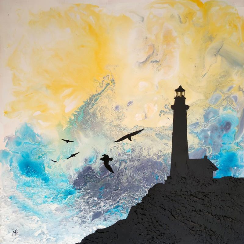 Gemälde Lumière sur le phare von Blandin Magali | Gemälde Figurativ Landschaften Minimalistisch Öl Acryl