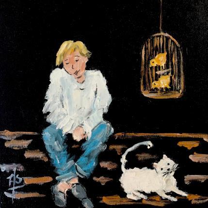 Painting Le chat et les oiseaux by Soizeau Françoise | Painting Figurative Acrylic, Mixed