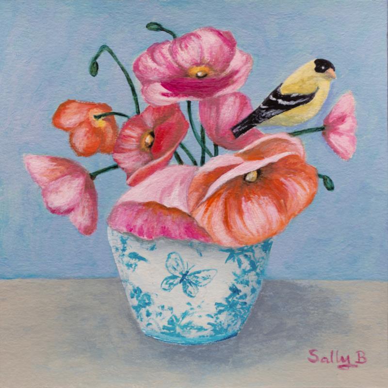 Peinture Fleurs dans un vase papillon avec oiseau jaune par Sally B | Tableau Art Singulier Natures mortes Acrylique