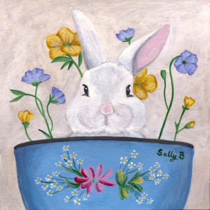 Painting Lapin dans un bol de fleurs by Sally B | Painting Raw art Acrylic Animals