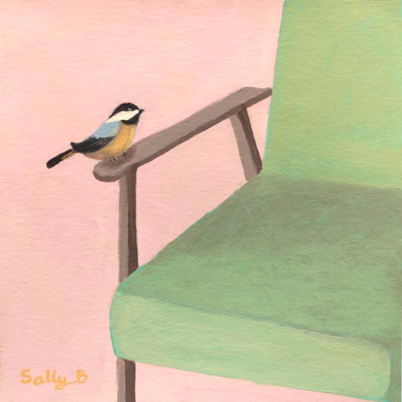 Gemälde Oiseau sur fauteuil vert von Sally B | Gemälde Art brut Acryl Stillleben, Tiere