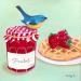 Peinture Oiseau sur confiture fraises avec gaufre par Sally B | Tableau Art Singulier Animaux Natures mortes Acrylique