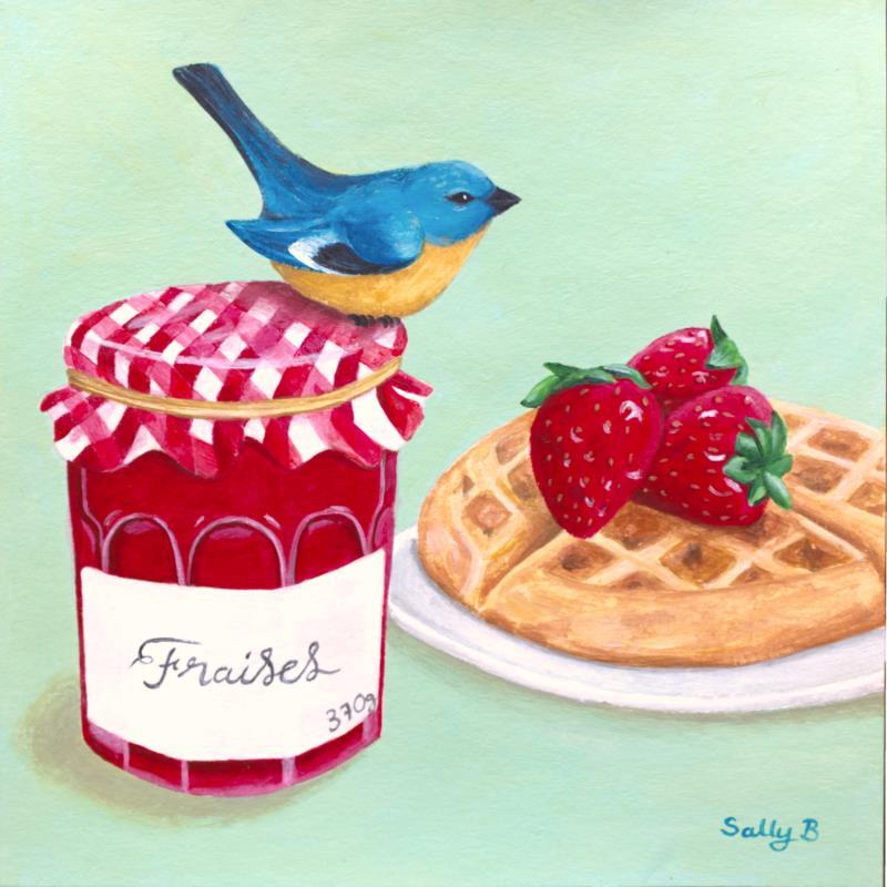 Painting Oiseau sur confiture fraises avec gaufre by Sally B | Painting Raw art Acrylic Animals, Pop icons, still-life
