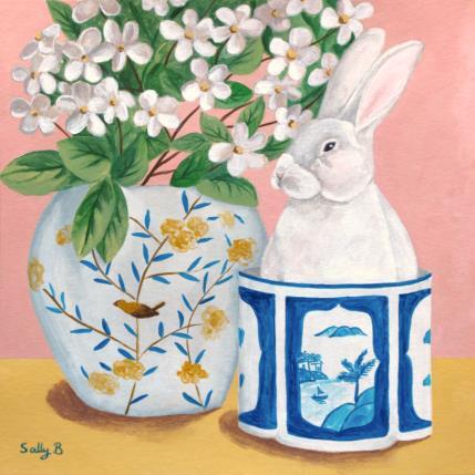 Gemälde Lapin avec fleurs blanches dans un vase  von Sally B | Gemälde Art brut Acryl Pop-Ikonen, Stillleben, Tiere