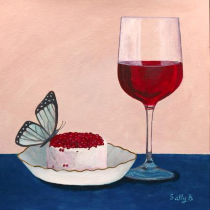 Gemälde Papillon avec vin rouge et fromage von Sally B | Gemälde Art brut Acryl Pop-Ikonen, Stillleben, Tiere