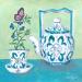 Peinture Papillon avec théière et tasse fleurs chinoiserie par Sally B | Tableau Art Singulier Animaux Natures mortes Acrylique