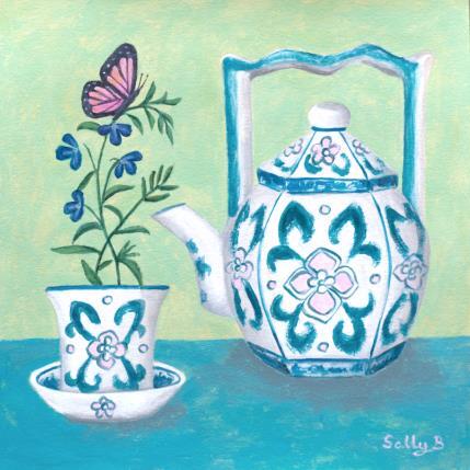 Painting Papillon avec théière et tasse fleurs chinoiserie by Sally B | Painting Raw art Acrylic Animals, Pop icons, still-life