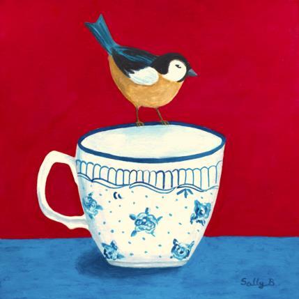 Painting Oiseau sur une tasse bleu et blanc by Sally B | Painting Raw art Acrylic Animals, Pop icons, still-life