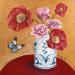 Gemälde Papillon avec coquelicot et rose dans un vase von Sally B | Gemälde Art brut Tiere Stillleben Acryl