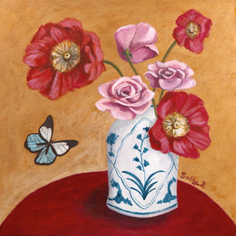 Gemälde Papillon avec coquelicot et rose dans un vase von Sally B | Gemälde Art brut Acryl Pop-Ikonen, Stillleben, Tiere