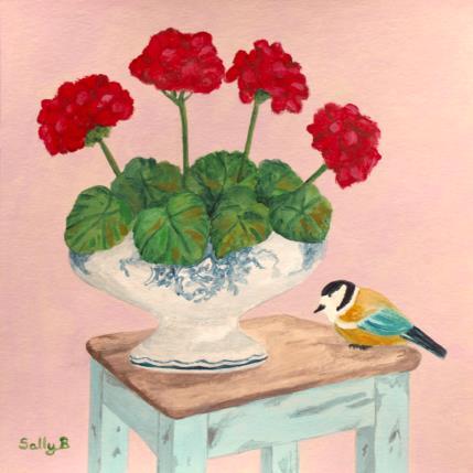 Painting Oiseau avec géranium sur tabouret by Sally B | Painting Raw art Acrylic Animals, Pop icons, still-life