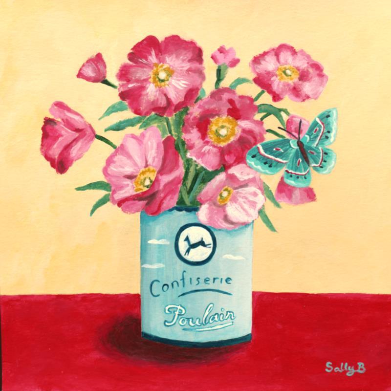 Painting Bouquet fleurs dans un pot Poulain vintage by Sally B | Painting Raw art Acrylic Pop icons, still-life