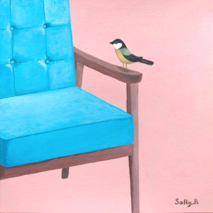 Gemälde Oiseau sur fauteuil bleu von Sally B | Gemälde Art brut Acryl Pop-Ikonen, Stillleben, Tiere