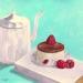 Peinture Théière, livre, gâteau aux framboises et coccinelle par Sally B | Tableau Art Singulier Natures mortes Acrylique