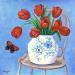 Peinture Tulipes dans un vase chinoiserie avec  papillon par Sally B | Tableau Art Singulier Natures mortes Acrylique