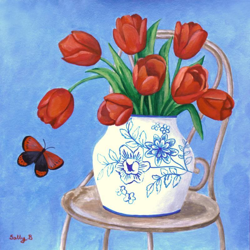 Painting Tulipes dans un vase chinoiserie avec  papillon by Sally B | Painting Raw art Acrylic still-life