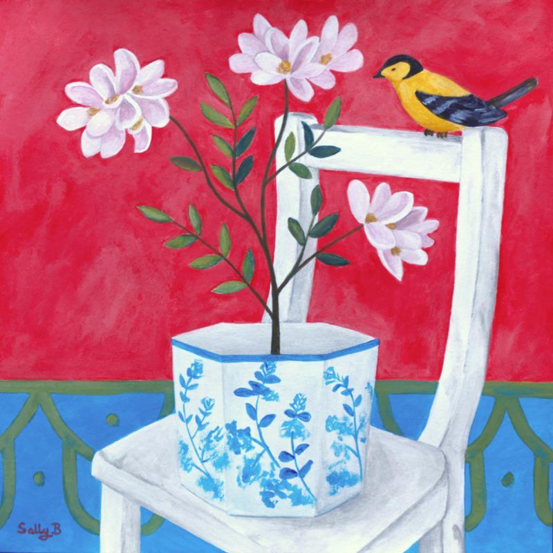 Painting Fleurs dans un vase chinoiserie avec oiseau jaune by Sally B | Painting Raw art Acrylic Animals, still-life