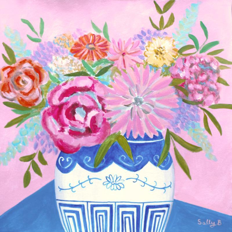Gemälde Bouquet fleurs dans un vase chinoiserie avec fond rose von Sally B | Gemälde Art brut Acryl Stillleben
