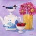 Peinture Oiseau avec théière , fleurs et fraises par Sally B | Tableau Art Singulier Animaux Natures mortes Acrylique